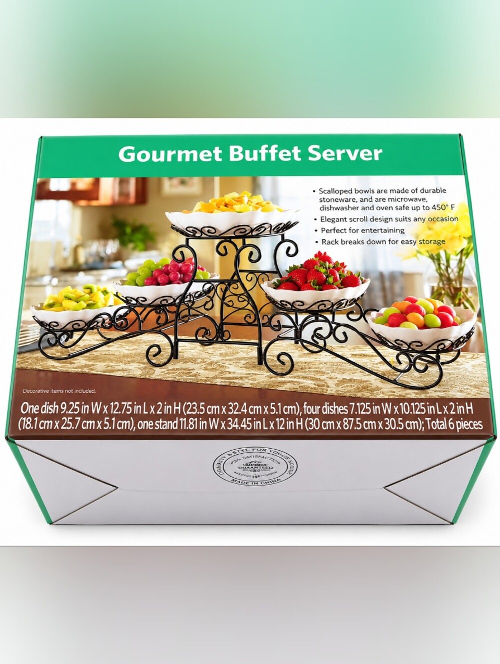 Gourmet Buffet Server 6-Piece Stoneware Serving Bowls Black Metal Scroll Stand